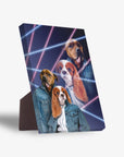 Personalized 2-pet standing canvas with a retro 1980s lazer portrait design featuring four dogs in denim jackets.