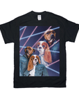 Black Gildan t-shirt with a '1980s Lazer Portrait' design featuring two dogs in denim jackets.
