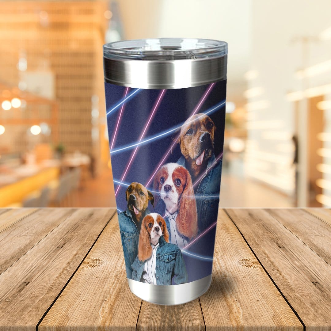 Personalized 2-pet tumbler with dogs in denim jackets and 80s lazer portrait style.