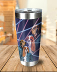 Personalized 2-pet tumbler with dogs in denim jackets and 80s lazer portrait style.