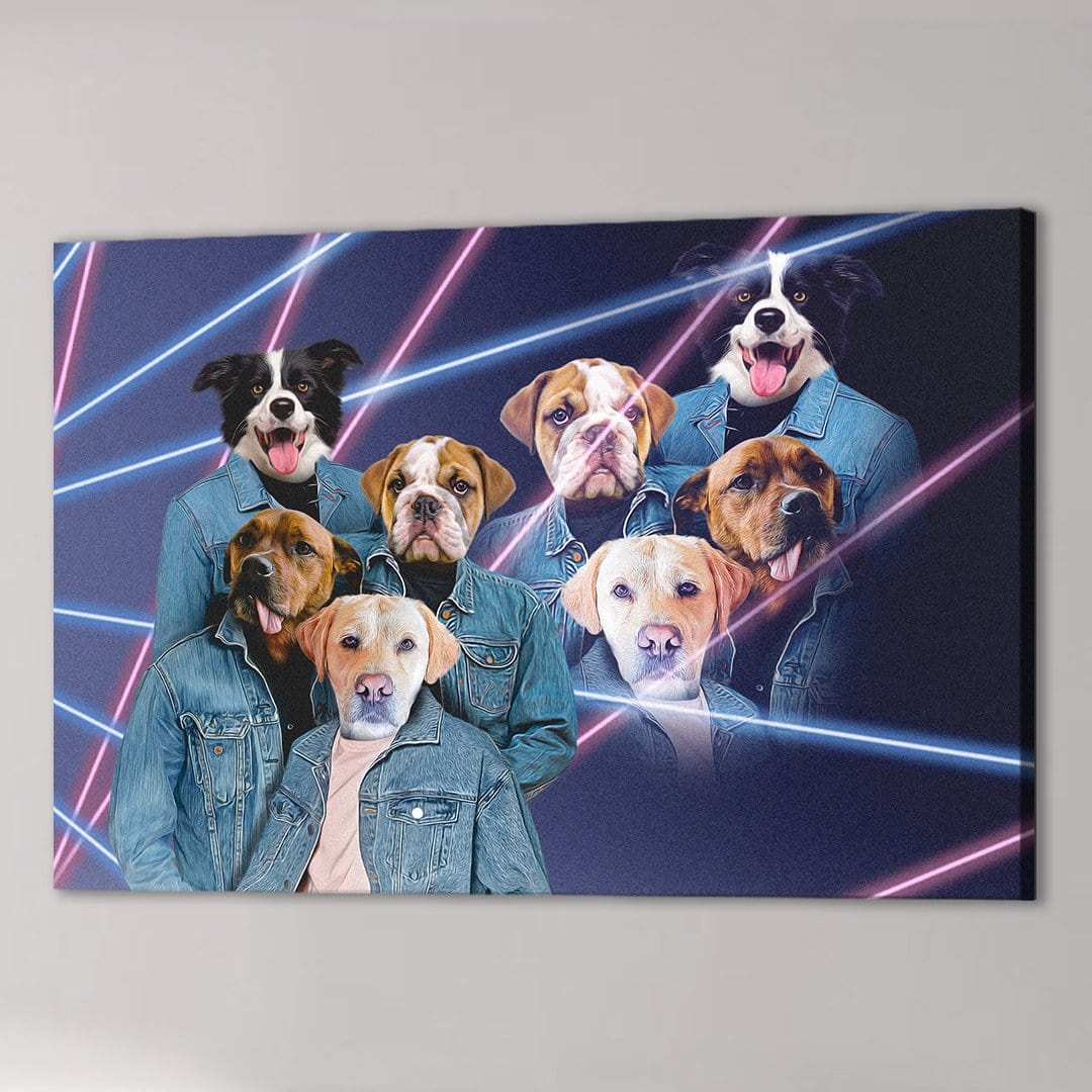 1980s Lazer Portrait Personalized 4 Pet Canvas featuring dogs in denim jackets with neon pink and blue lines.