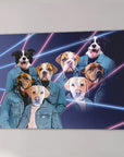 1980s Lazer Portrait Personalized 4 Pet Canvas featuring dogs in denim jackets with neon pink and blue lines.