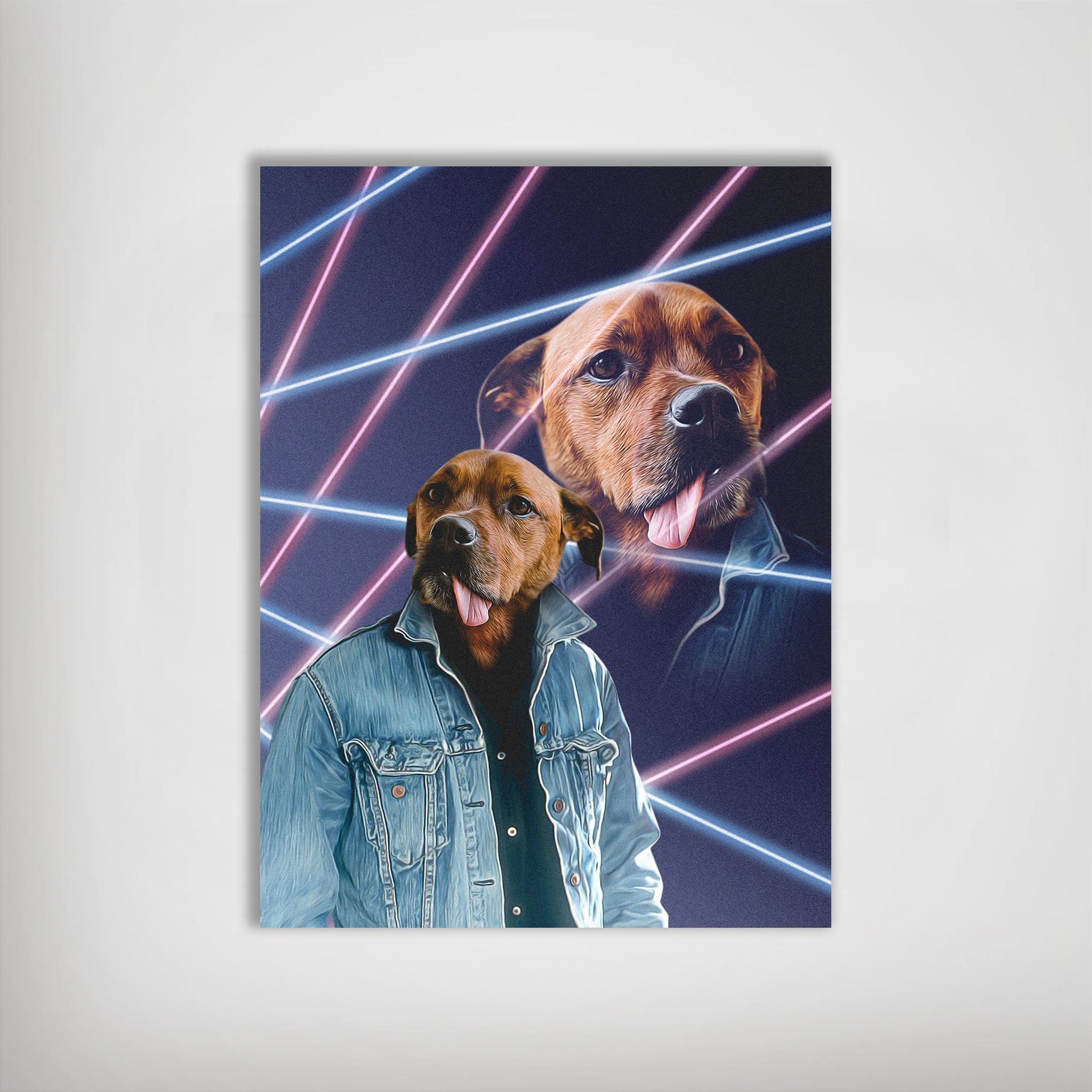 Personalized pet poster featuring a dog in a denim jacket with a retro 80s neon lazer background.