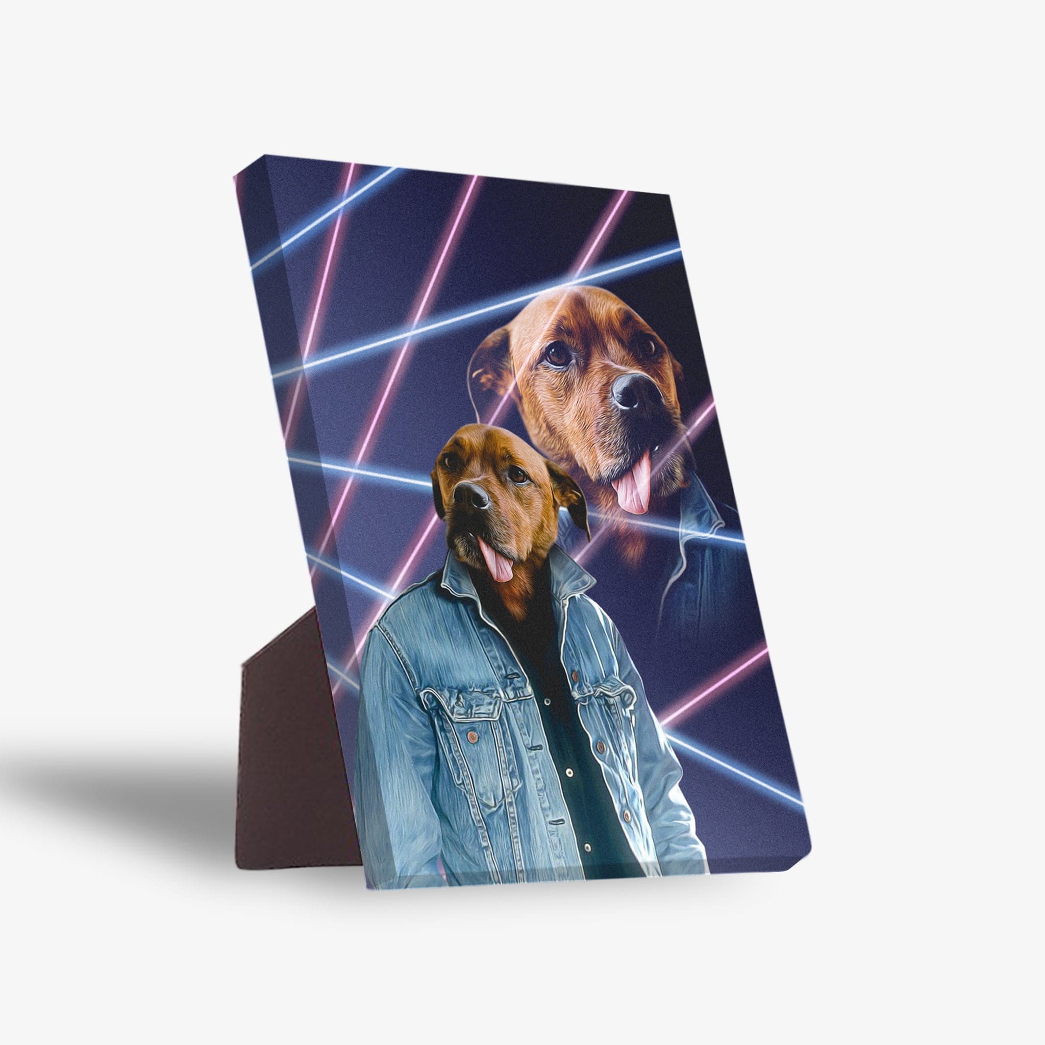 Personalized pet standing canvas with a brown dog in a denim jacket against a '1980s Lazer Portrait' background.