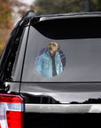 Custom 1980s Lazer Portrait pet decal of a dog in a denim jacket on a black SUV window.