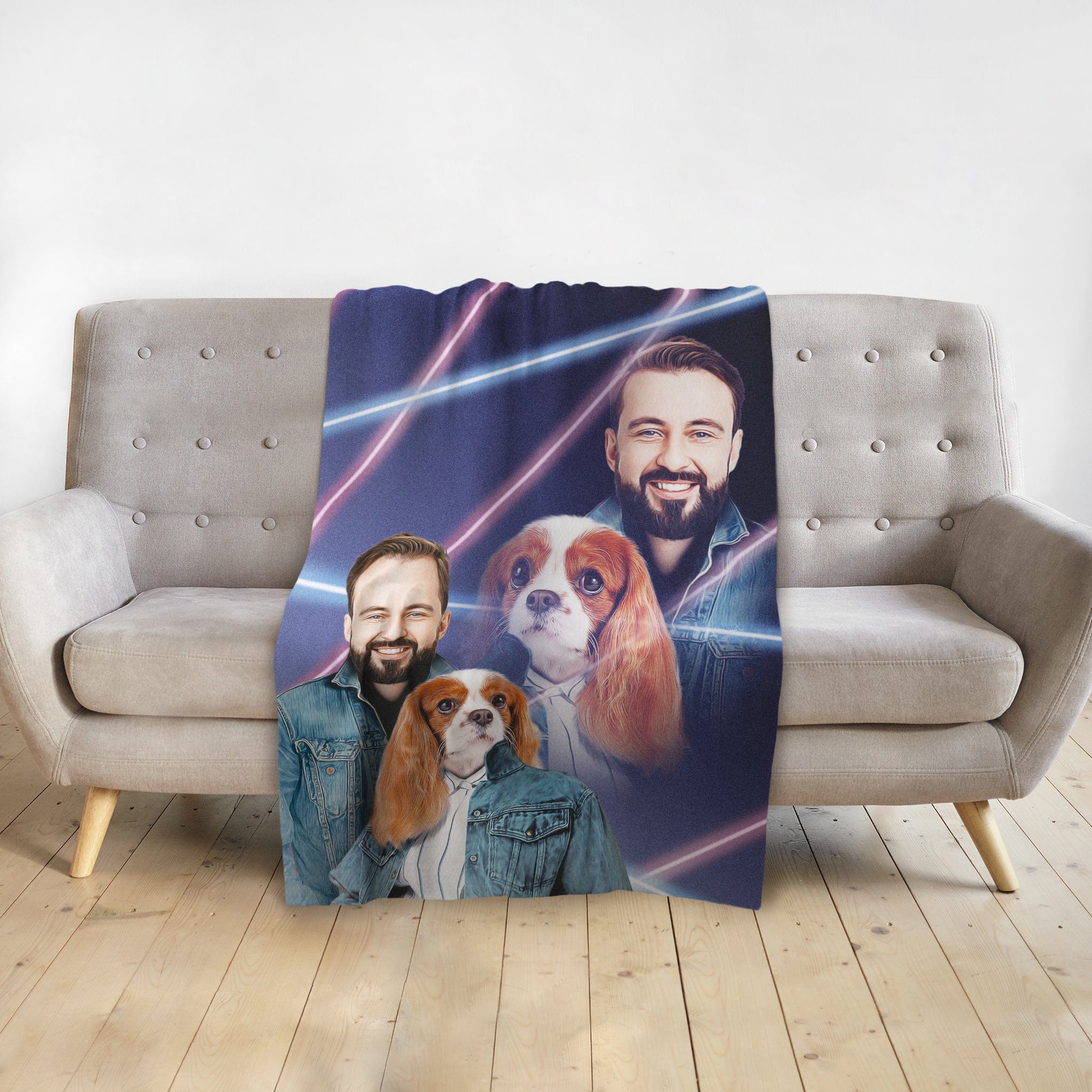 Personalized 1980s Lazer Portrait blanket with a man and Cavalier King Charles Spaniel.