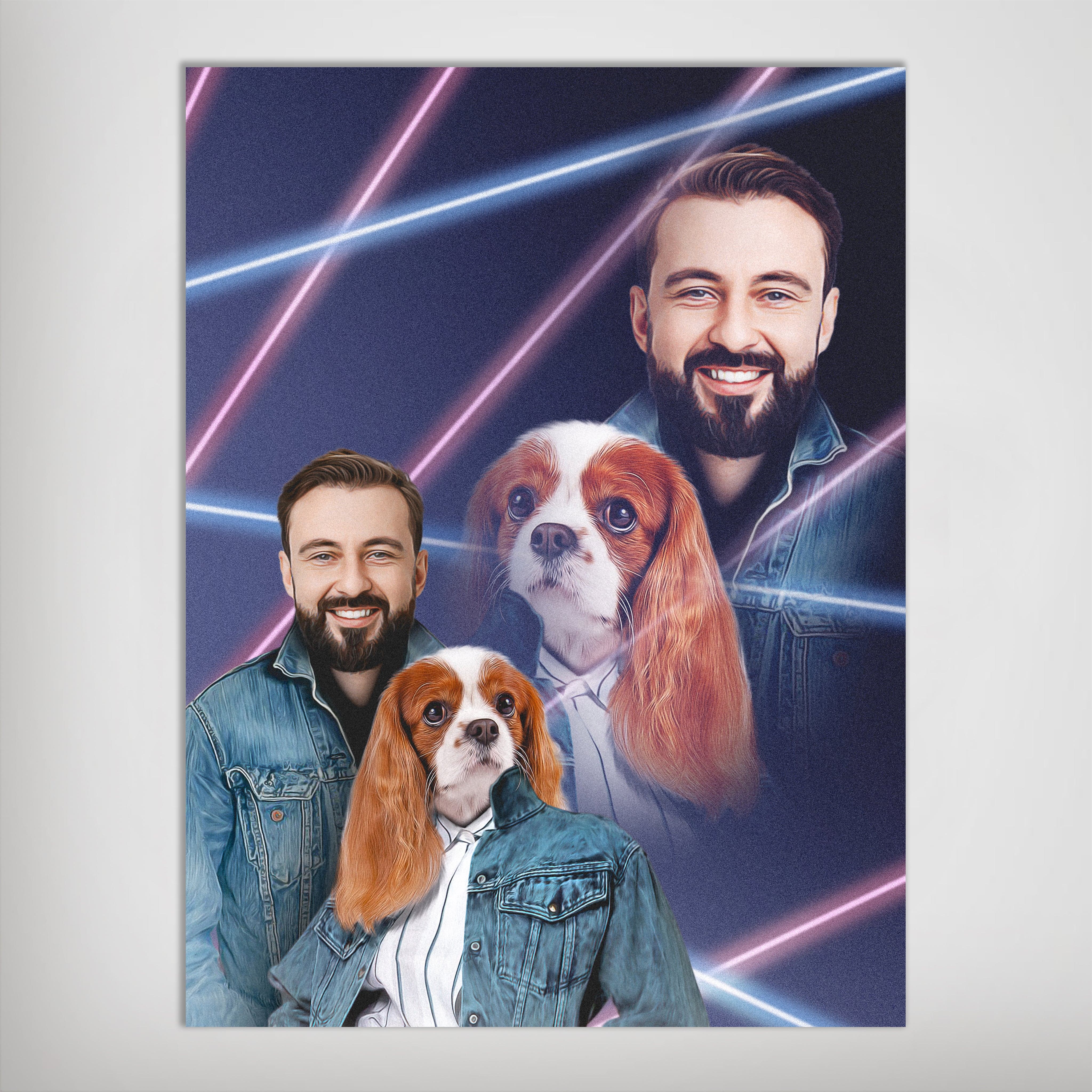 Personalized 1980s Lazer Portrait poster featuring a man and a Cavalier King Charles Spaniel.