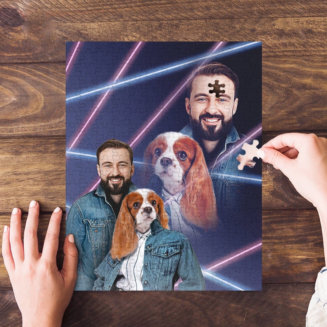 Personalized 1980s Lazer Portrait puzzle featuring a human male and a Cavalier King Charles Spaniel pet.