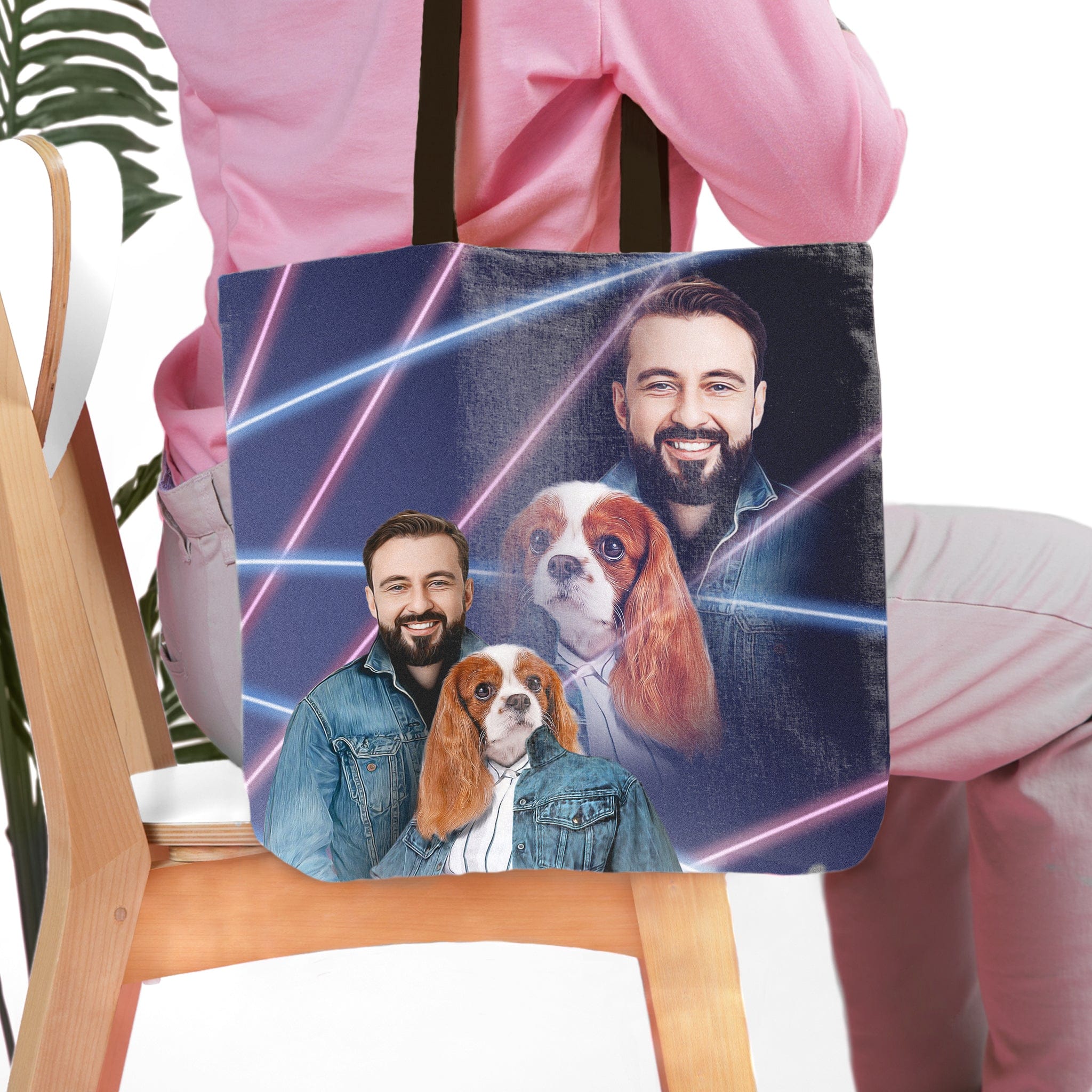 Personalized 1980s Lazer Portrait tote bag with a man and a Cavalier King Charles Spaniel dog.
