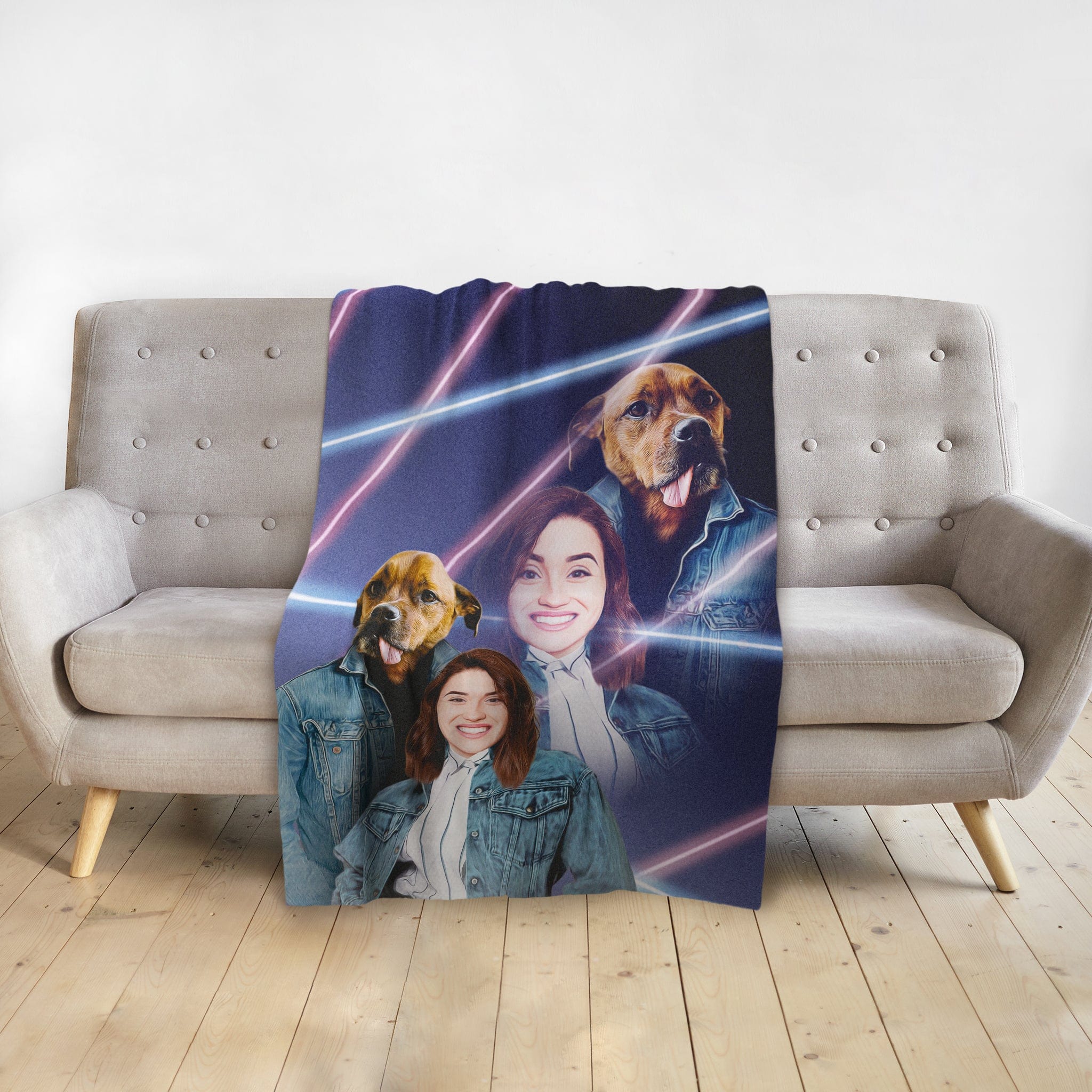 Personalized 1980s Lazer Portrait blanket featuring two dogs and two women in denim jackets.