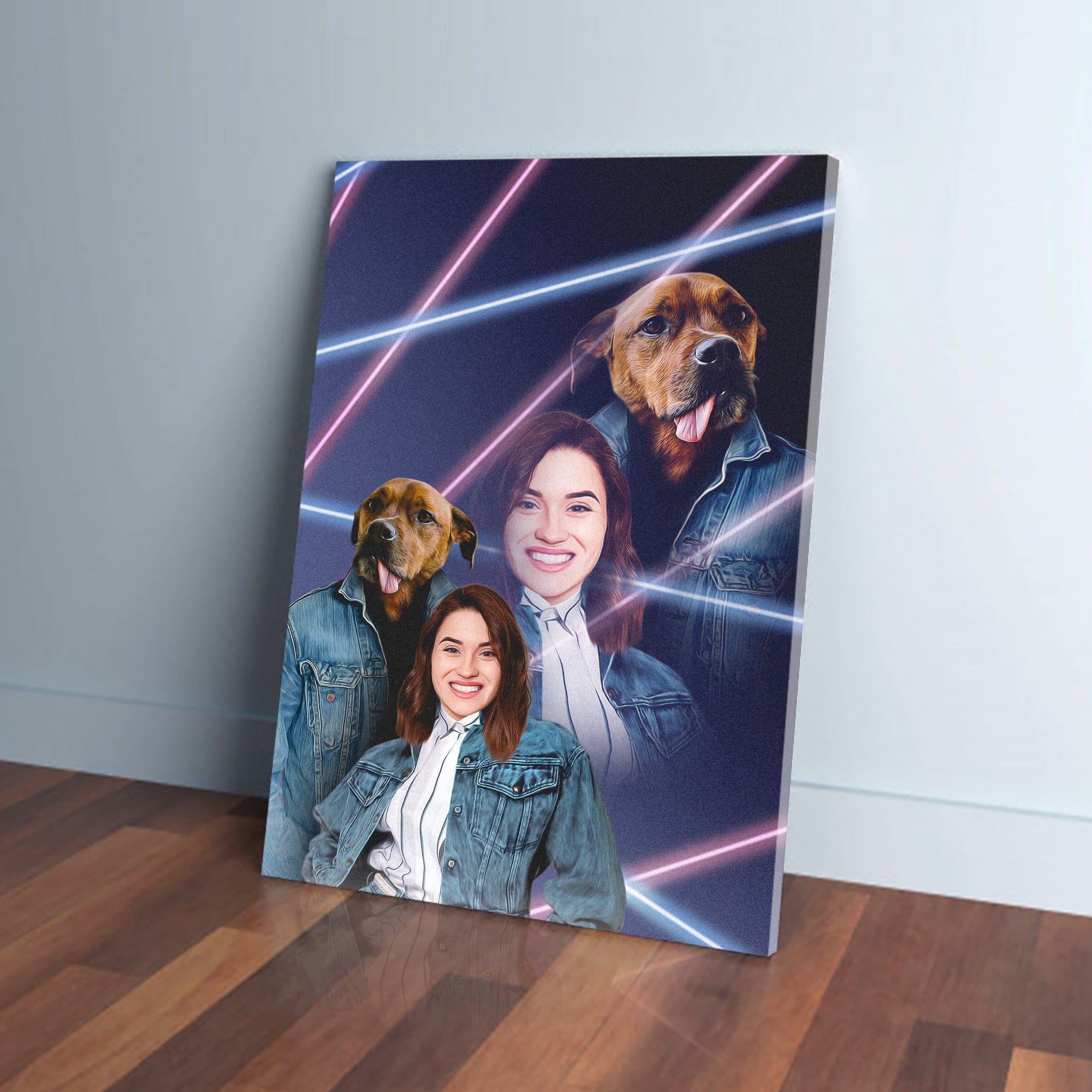 Personalized 1980s Lazer Portrait canvas featuring a woman and two dogs in denim jackets with neon lines.