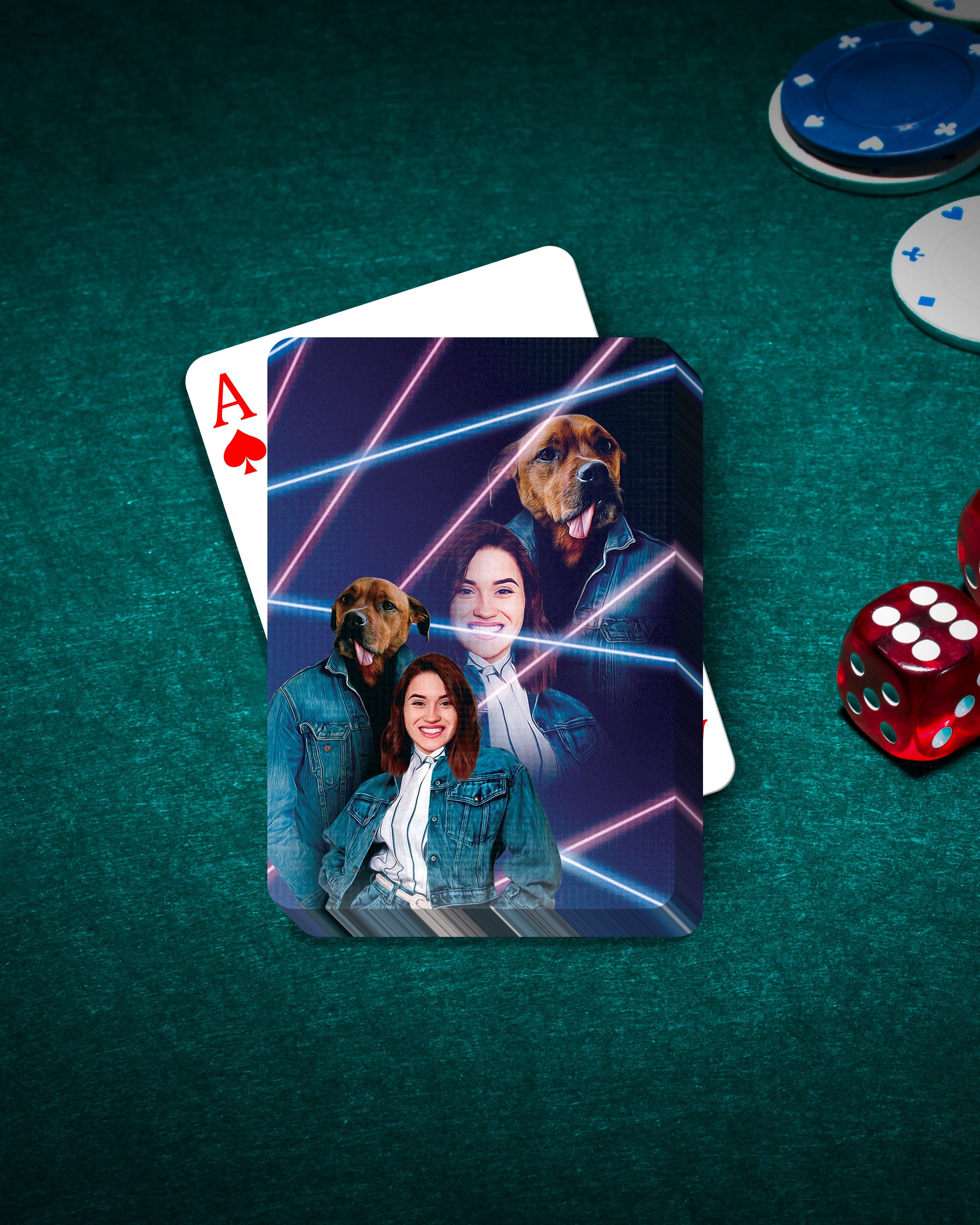 Personalized playing cards with 1980s lazer portrait of a woman and two dogs on a green felt table.