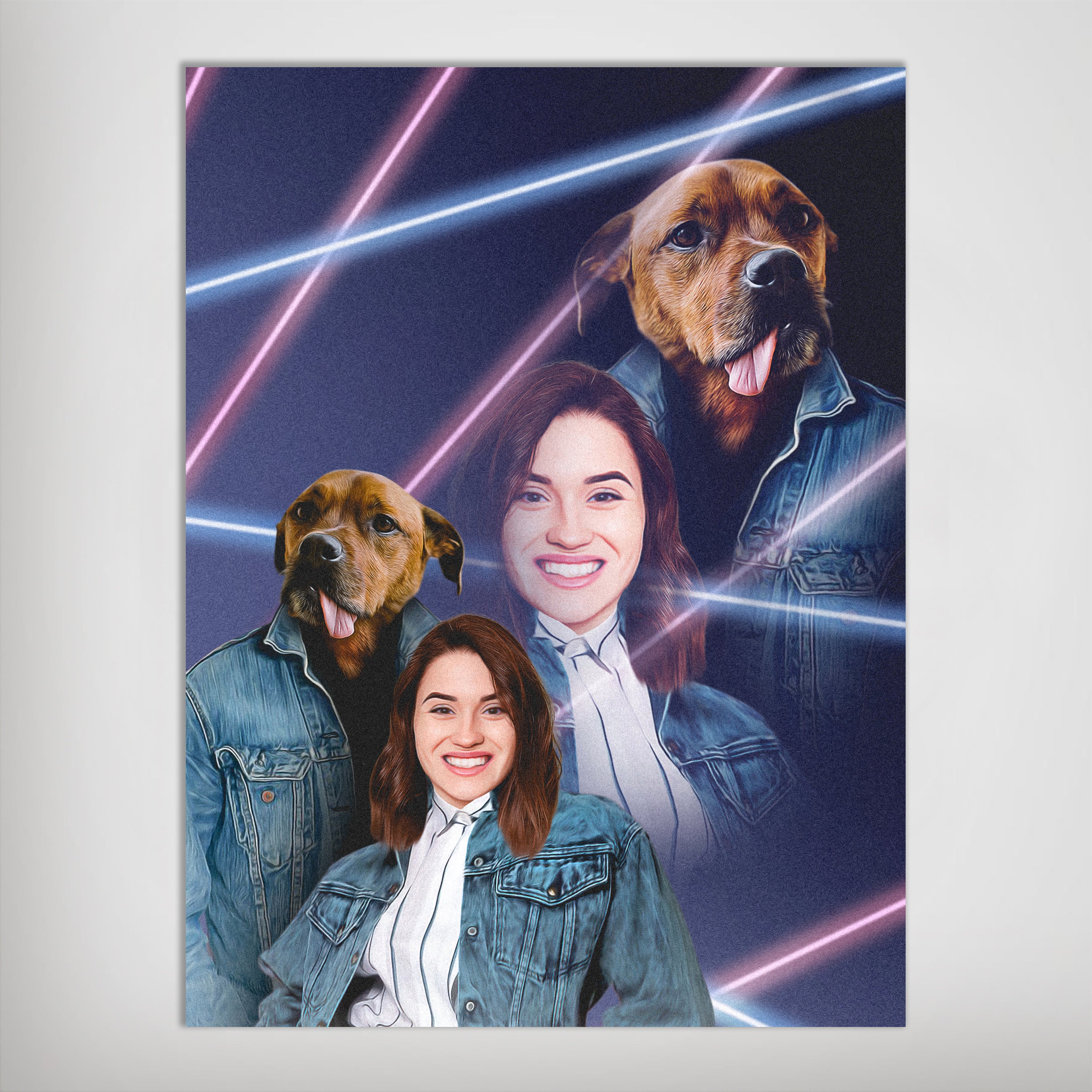 Personalized 1980s lazer portrait poster featuring a woman and two dogs in denim jackets.