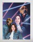 Personalized 1980s lazer portrait poster featuring a woman and two dogs in denim jackets.