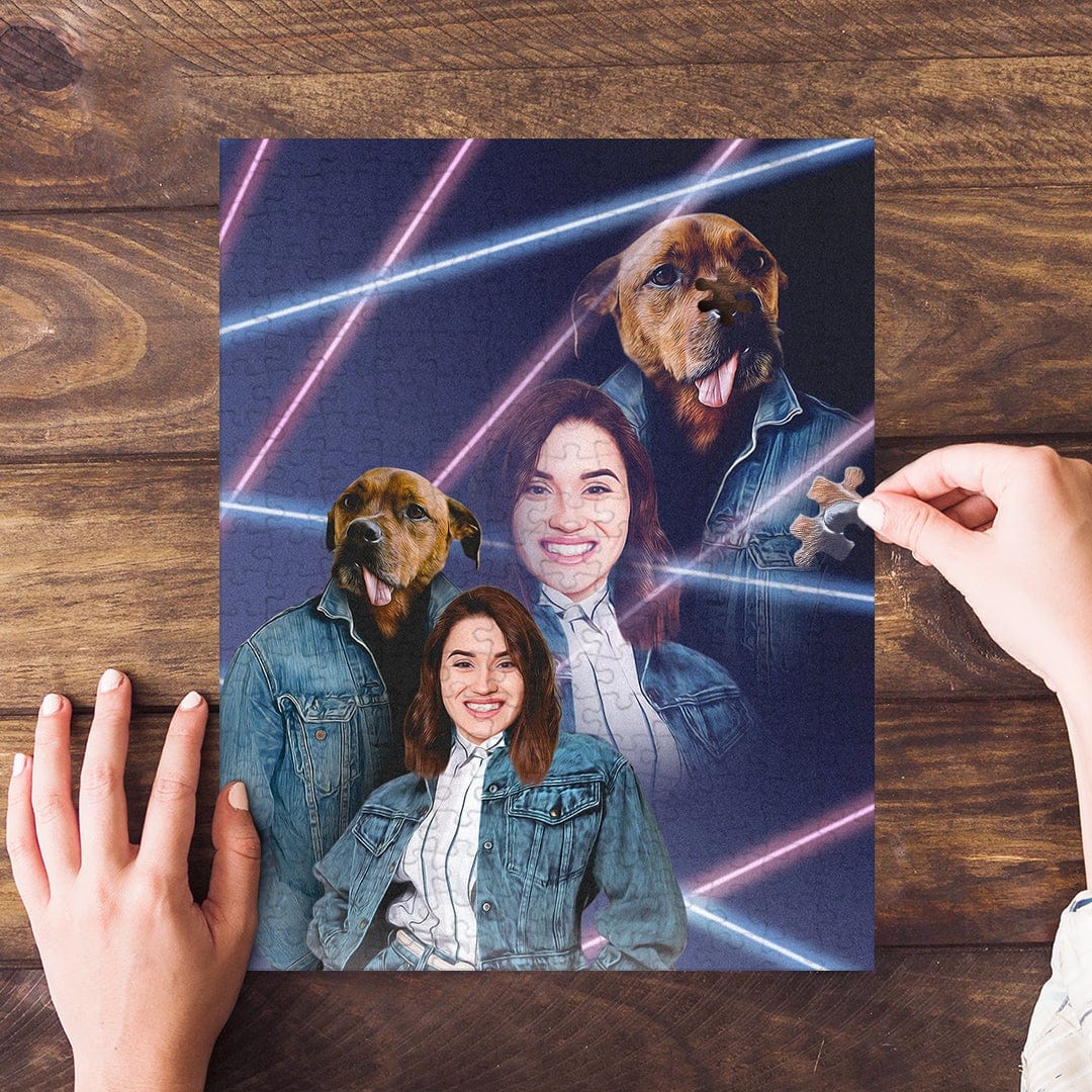 Personalized 1980s Lazer Portrait puzzle featuring two dogs and two women in denim jackets.