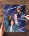 Personalized 1980s Lazer Portrait puzzle featuring two dogs and two women in denim jackets.