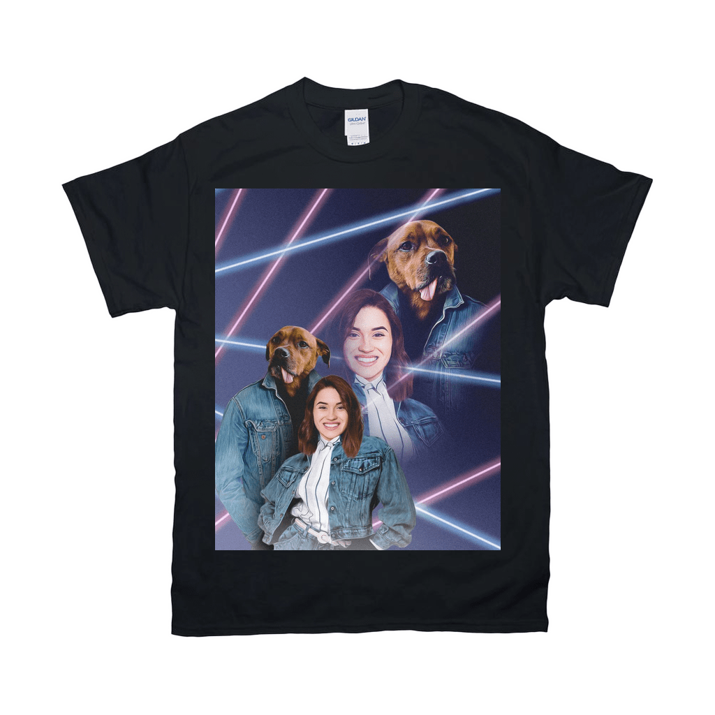 Black Gildan t-shirt with a personalized 80s lazer portrait of two dogs and two women.