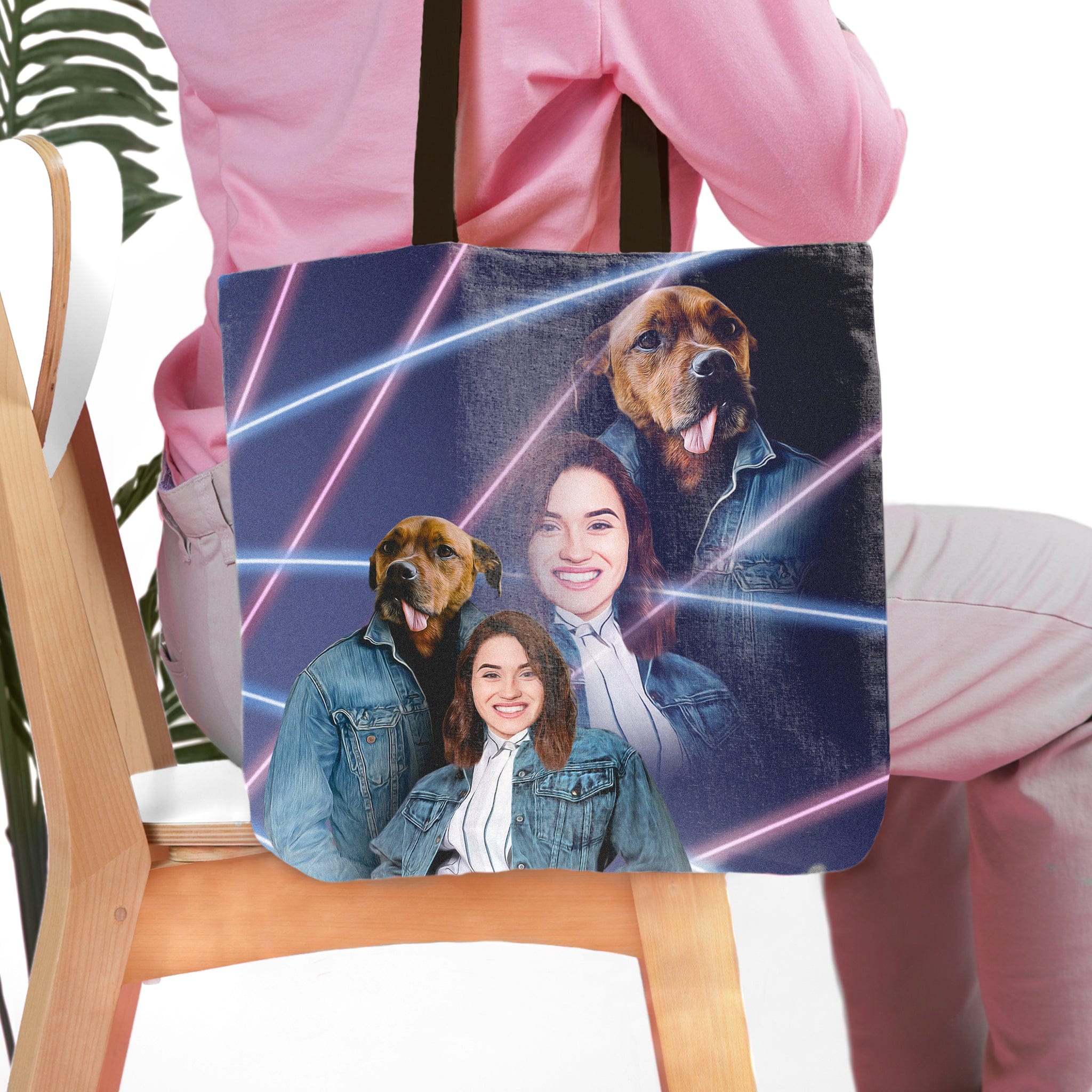 Personalized '1980s Lazer Portrait' tote bag featuring a human and two dogs in denim jackets.