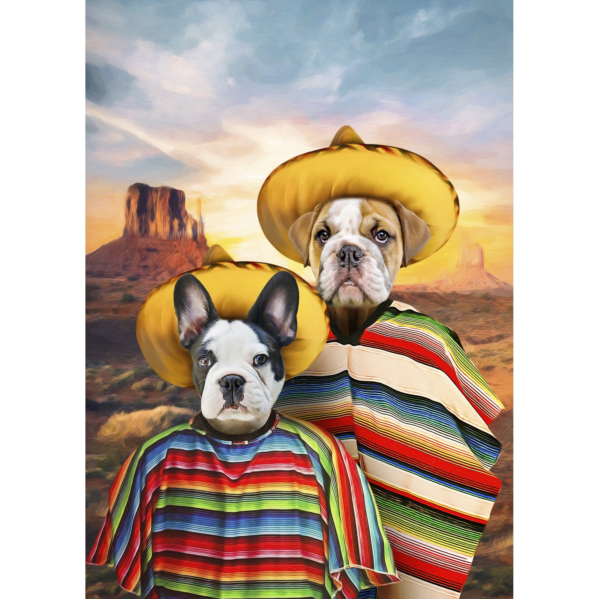 Custom digital portrait of two pets, a French Bulldog and an English Bulldog, in sombreros and ponchos.