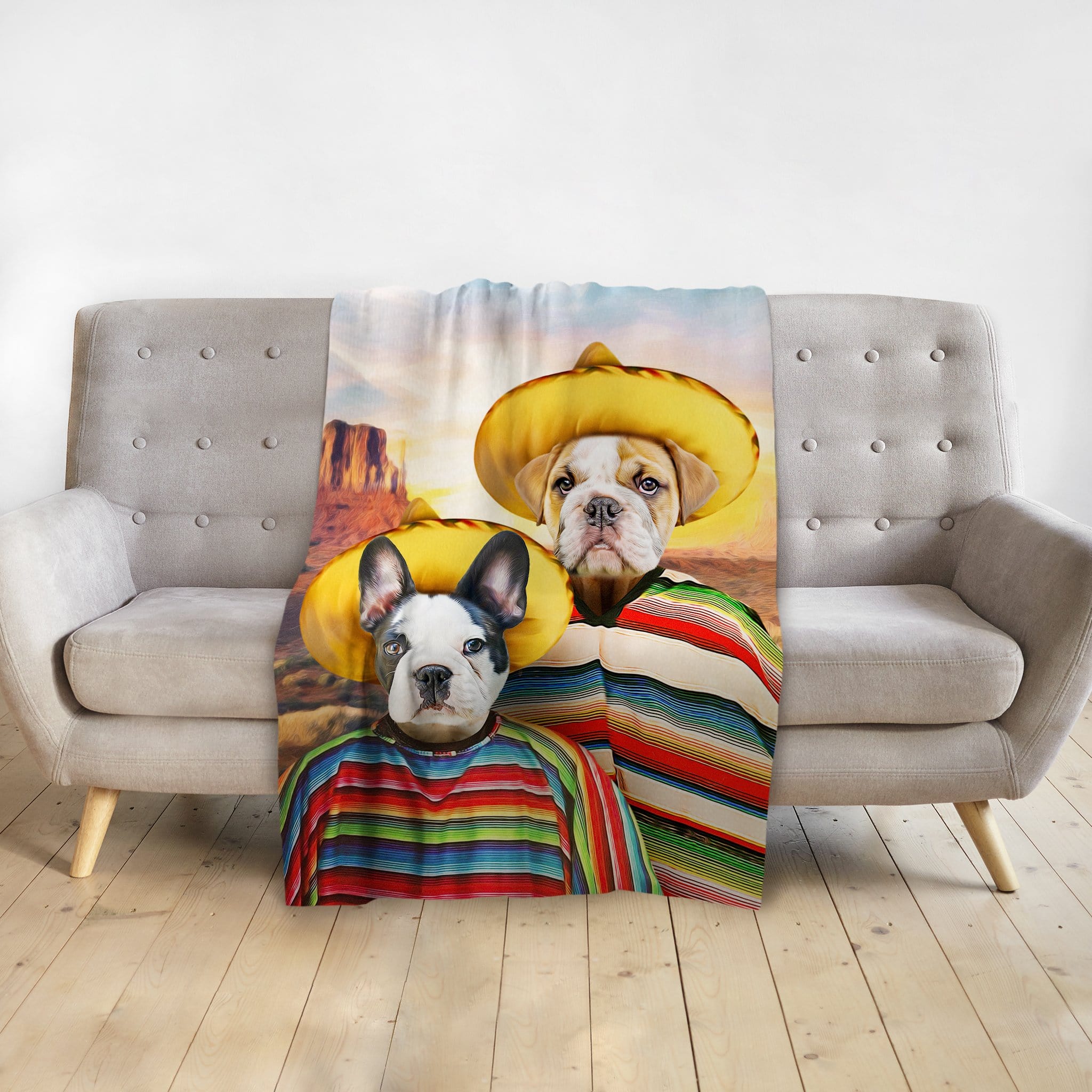 Personalized '2 Amigos' blanket with custom pet portraits of a French Bulldog and Bulldog in sombreros and ponchos.