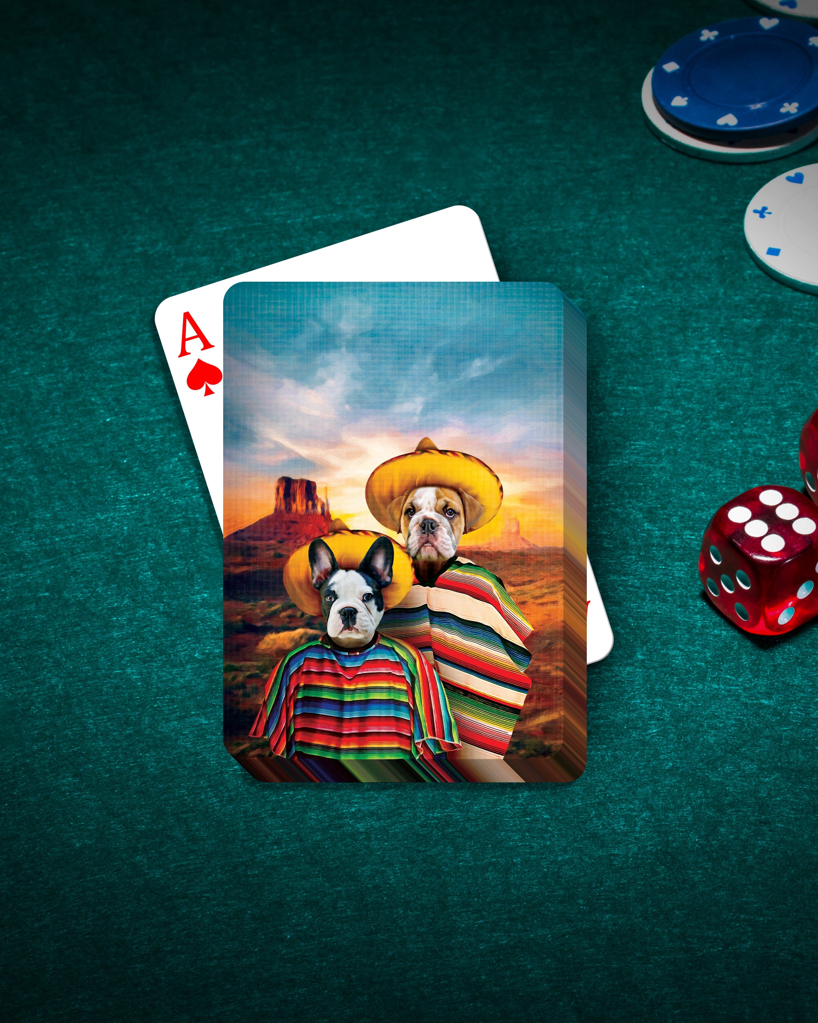 Personalized playing cards featuring two dogs in sombreros and ponchos on a desert background.