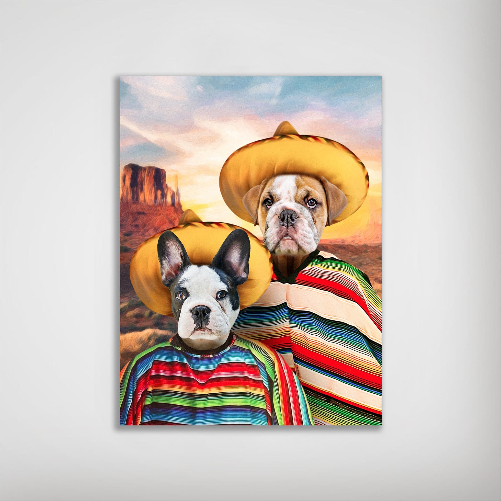 Personalized '2 Amigos' poster featuring two pets in sombreros and colorful ponchos against a desert sunset.