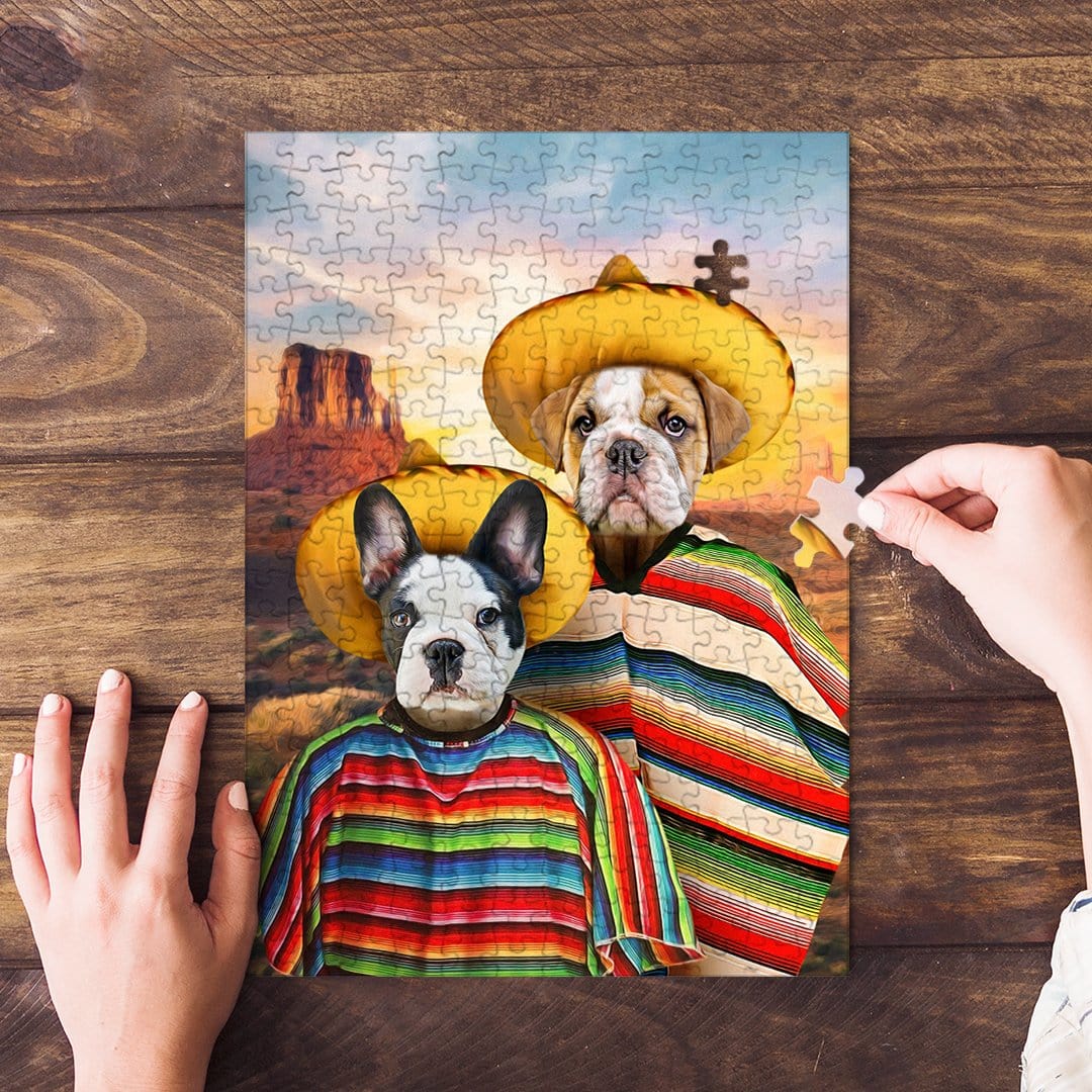Personalized 2-pet puzzle featuring two dogs in sombreros and ponchos against a desert landscape.