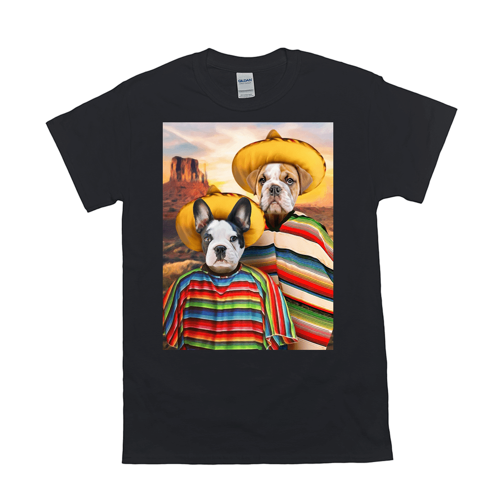 Black Gildan t-shirt with two dogs in sombreros and ponchos against a desert sunset.