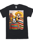 Black Gildan t-shirt with two dogs in sombreros and ponchos against a desert sunset.