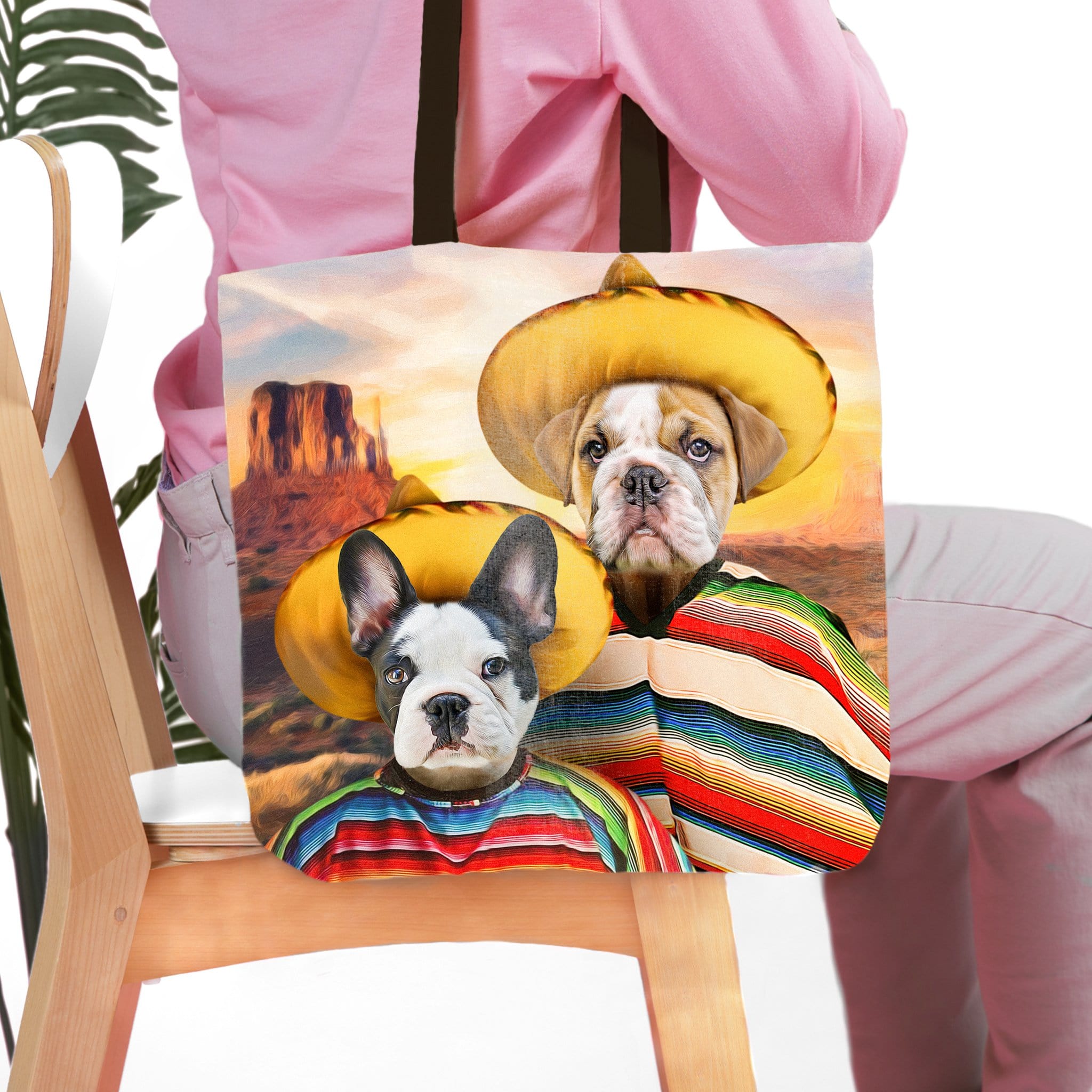 Personalized 2 pet tote bag with custom dog portraits in sombreros and ponchos.