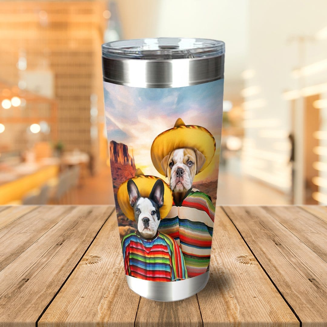 Personalized stainless steel tumbler with two bulldog pets in sombreros and ponchos.
