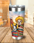 Personalized stainless steel tumbler with two bulldog pets in sombreros and ponchos.