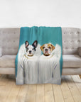 Personalized pet portrait blanket featuring a French Bulldog and an English Bulldog as angels on a teal background.