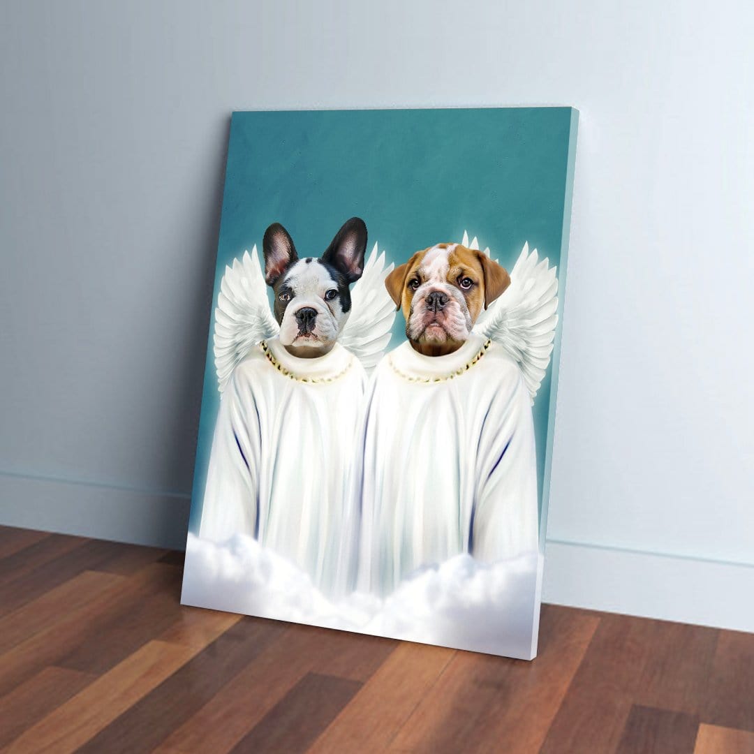 Custom canvas print featuring two dogs, a French Bulldog and an English Bulldog, as angels in white robes with wings.