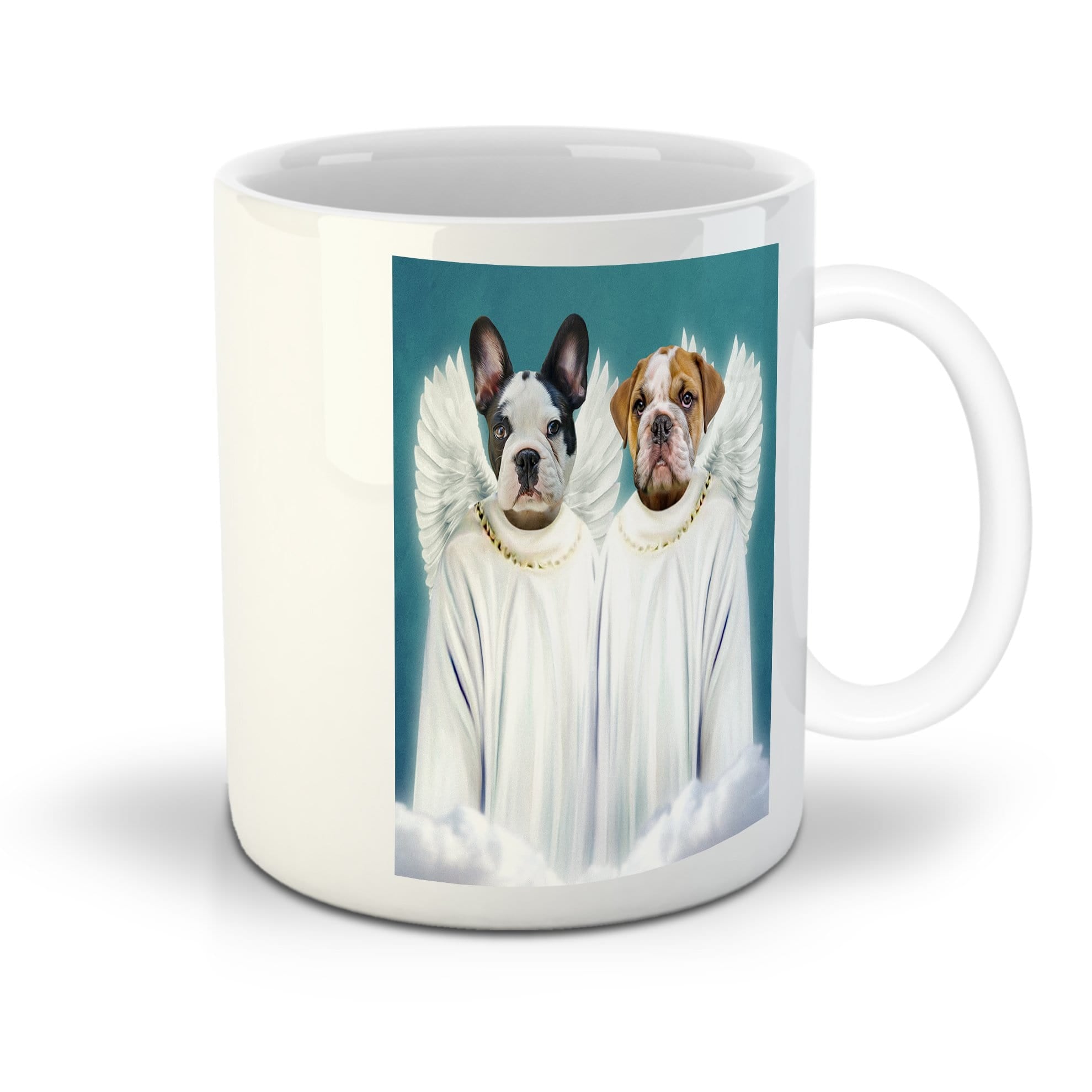Personalized white ceramic mug with two pet dogs as angels in white robes.