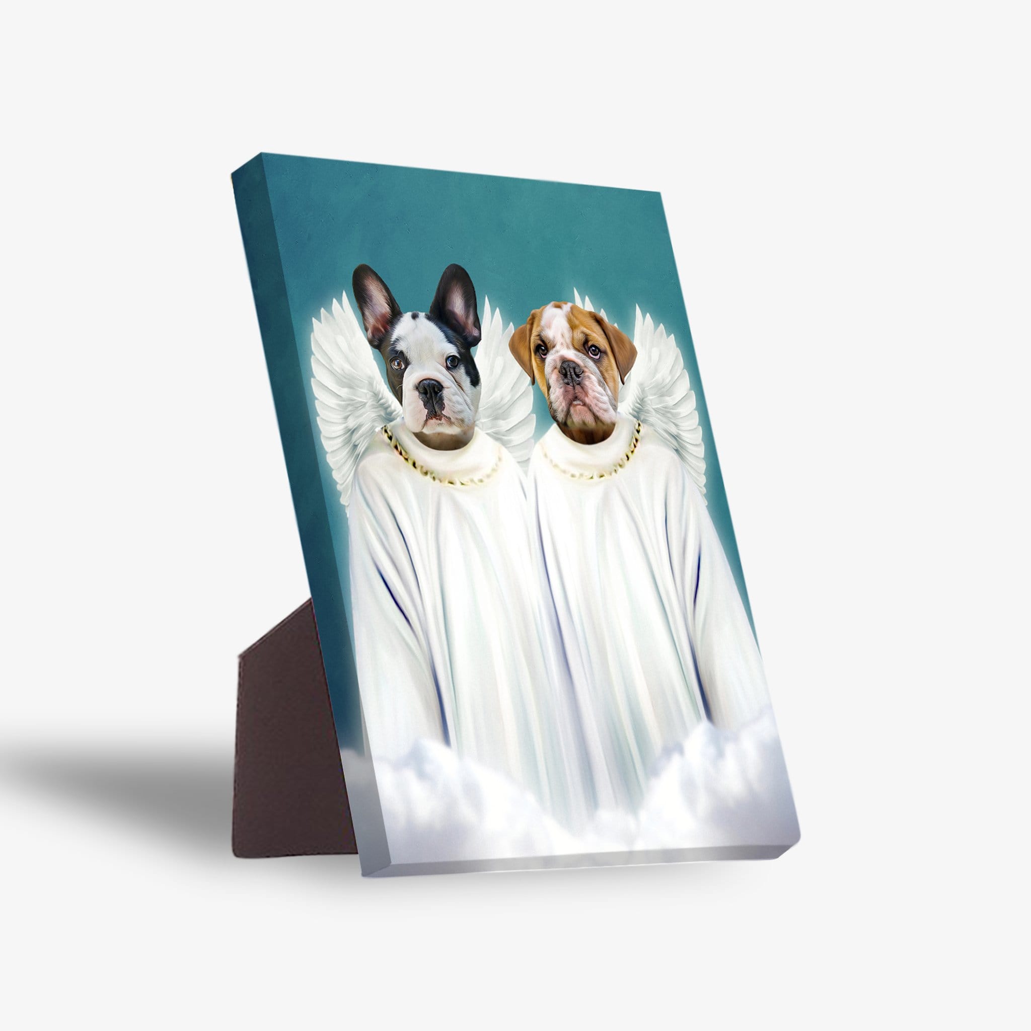 Custom pet portrait canvas featuring a French Bulldog and Bulldog as angels in white robes with wings.