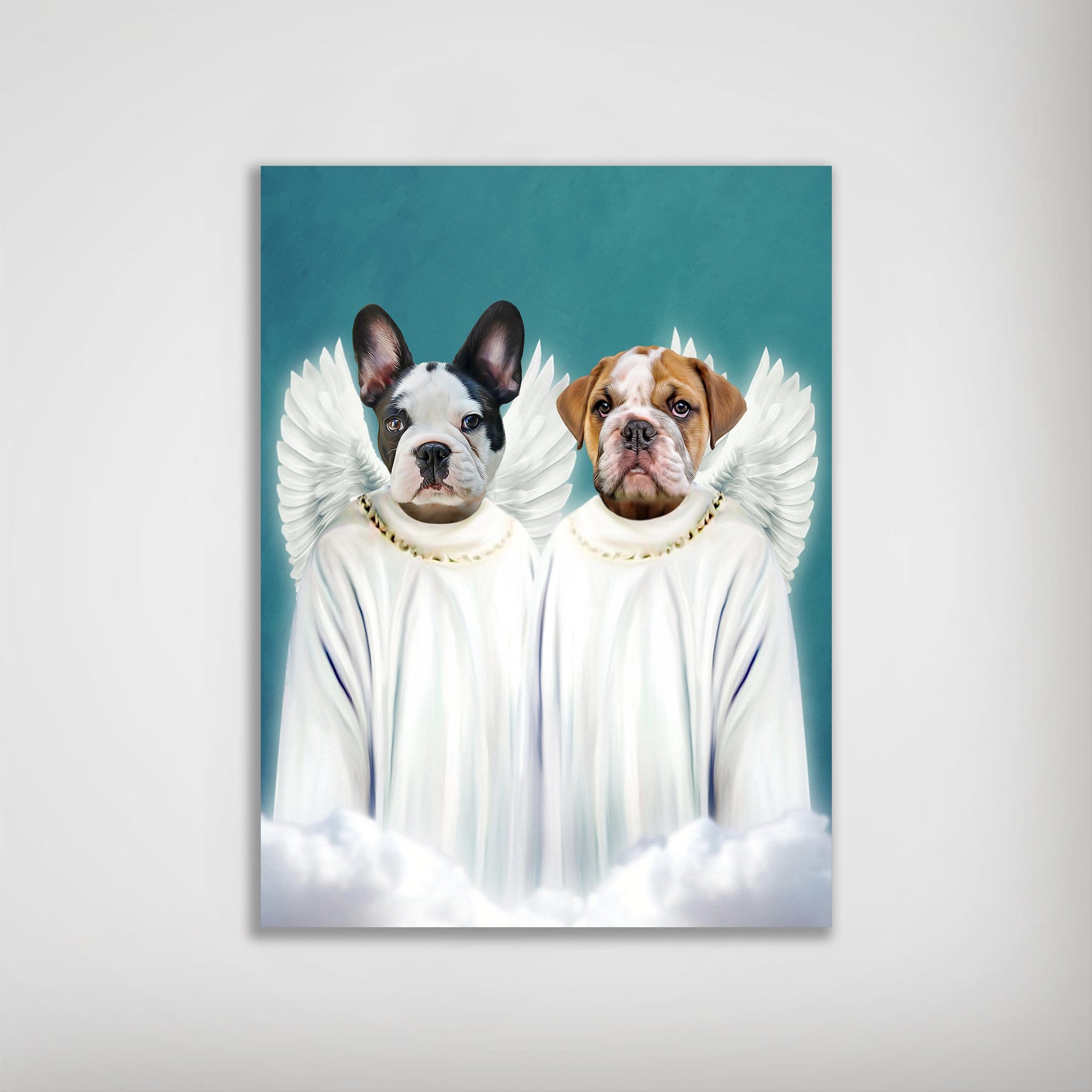 Personalized '2 Angels' pet poster featuring a French Bulldog and an English Bulldog in white robes with wings.