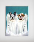 Personalized '2 Angels' pet poster featuring a French Bulldog and an English Bulldog in white robes with wings.