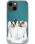 Personalized phone case with two dogs as angels in white robes and wings on a blue background.