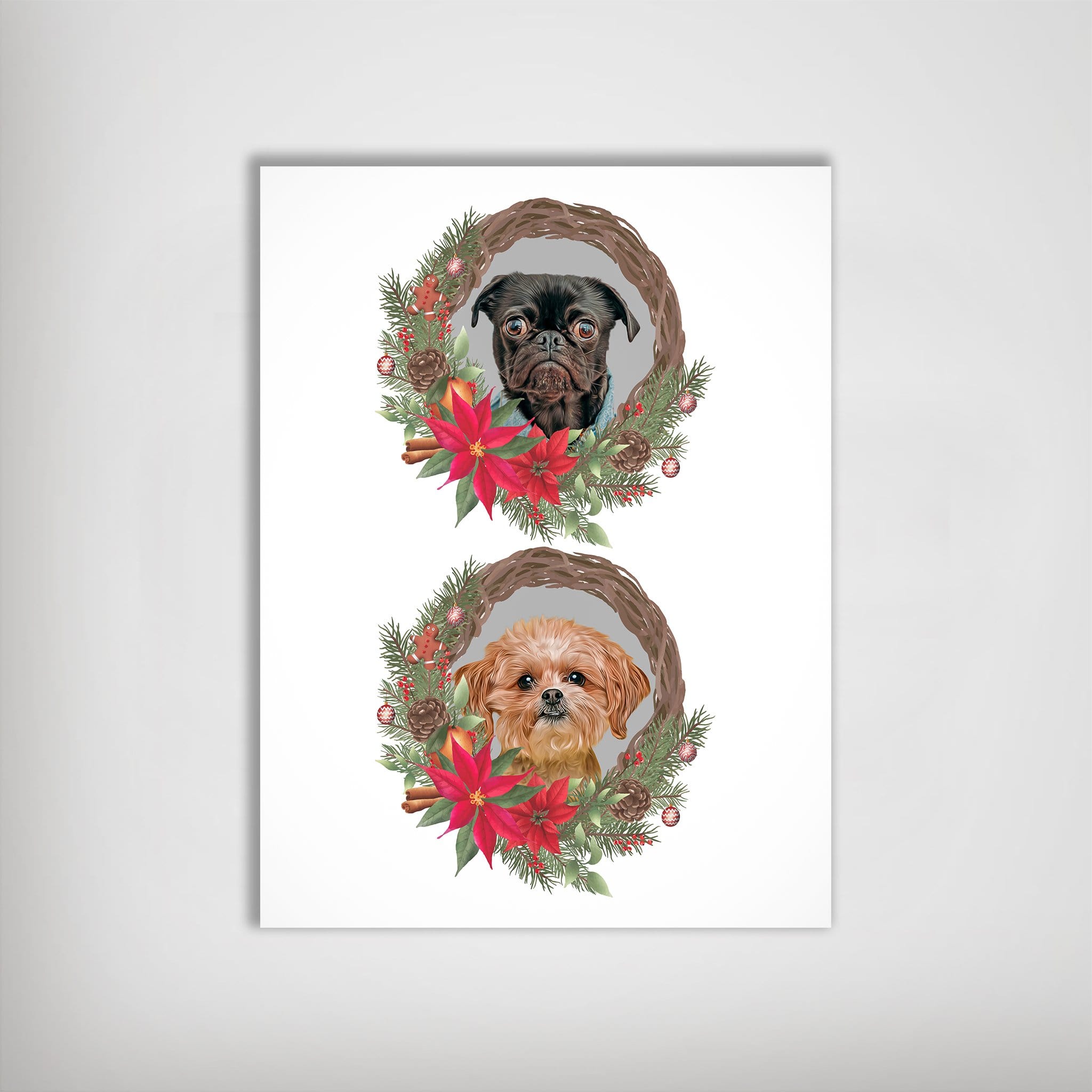 Personalized Christmas wreath poster featuring a black pug and a brown Shih Tzu, adorned with red poinsettias.