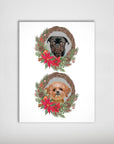 Personalized Christmas wreath poster featuring a black pug and a brown Shih Tzu, adorned with red poinsettias.