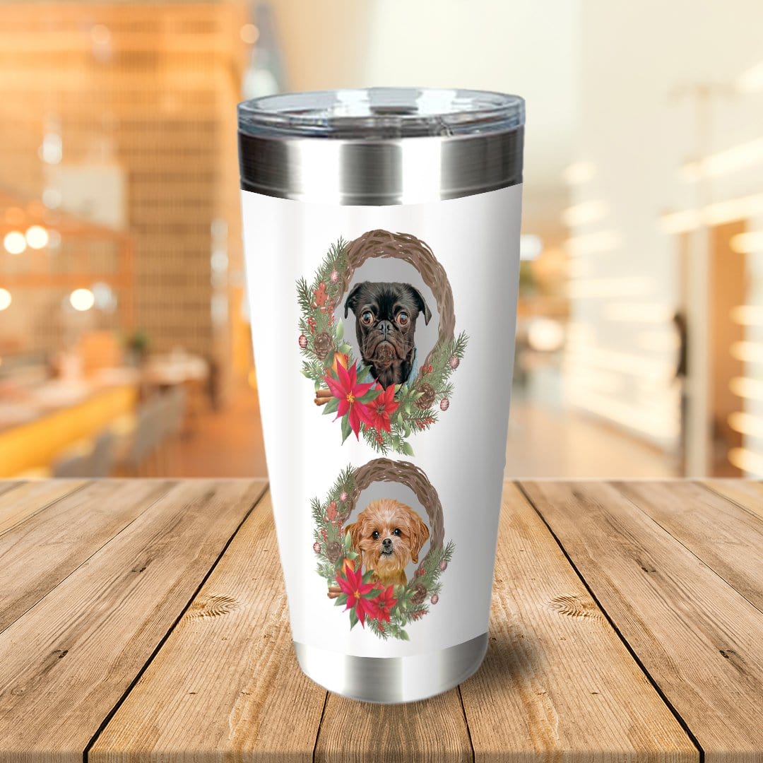Personalized stainless steel tumbler with two custom pet portraits in Christmas wreath designs.