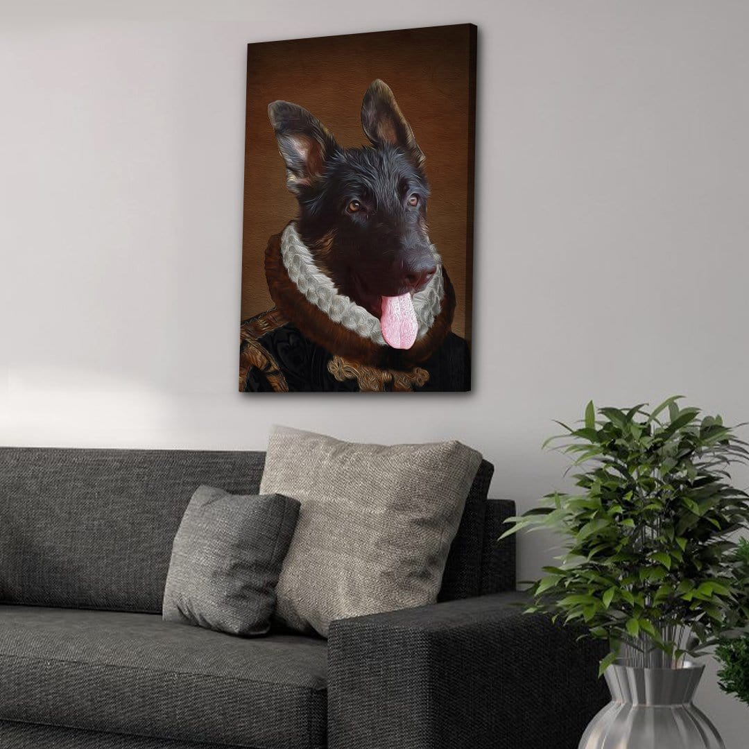 Personalized "The Duke" pet portrait canvas featuring a German Shepherd in a regal, dark brown, fur-collared outfit.