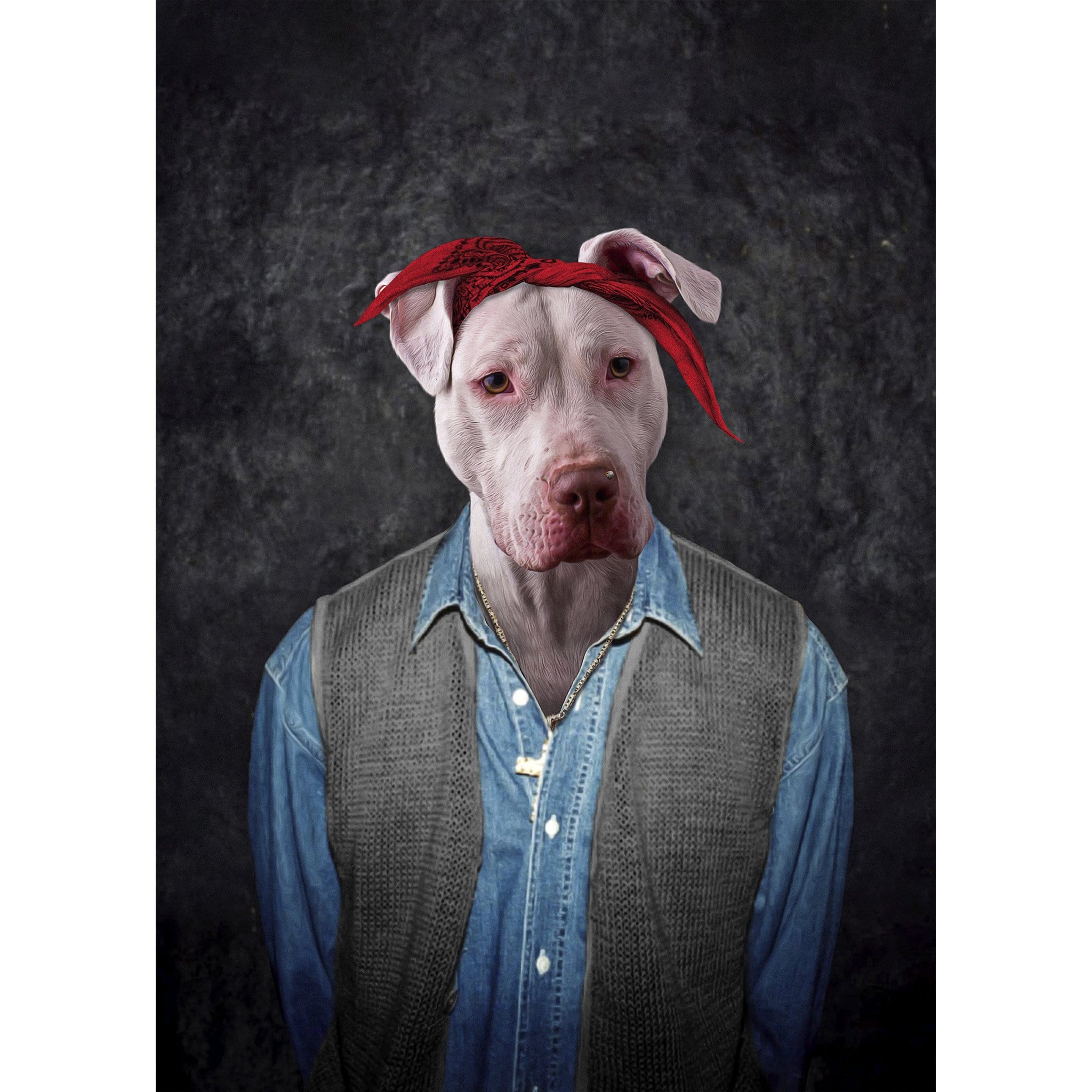 Custom digital portrait of a pit bull dog wearing a red bandana, denim shirt, and gray vest.