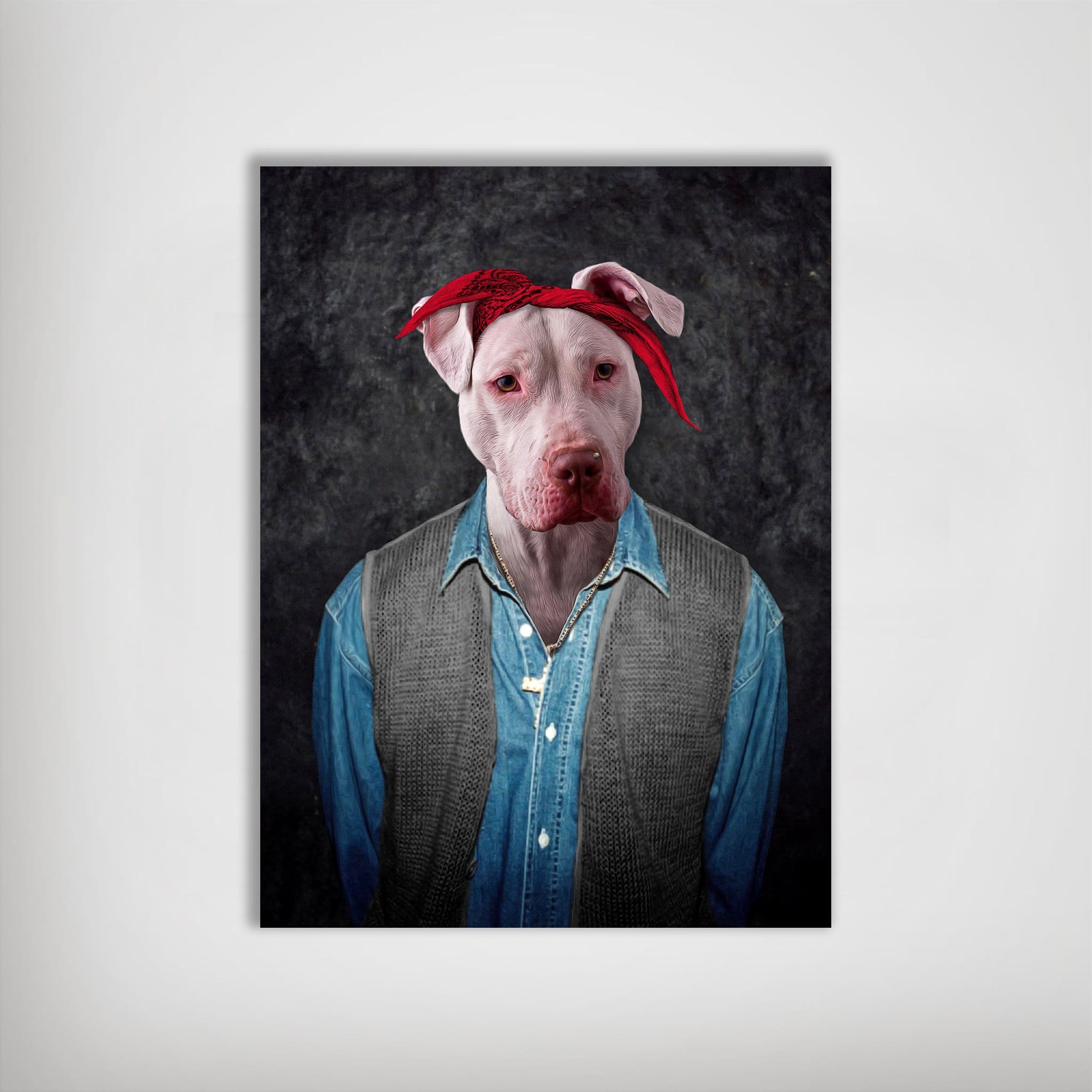 Personalized '2Pac Dogkur' poster featuring a pit bull in a red bandana, denim shirt, and gray vest.