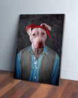 Personalized '2Pac Dogkur' canvas featuring a white pitbull in a red bandana, denim shirt, and gray vest.