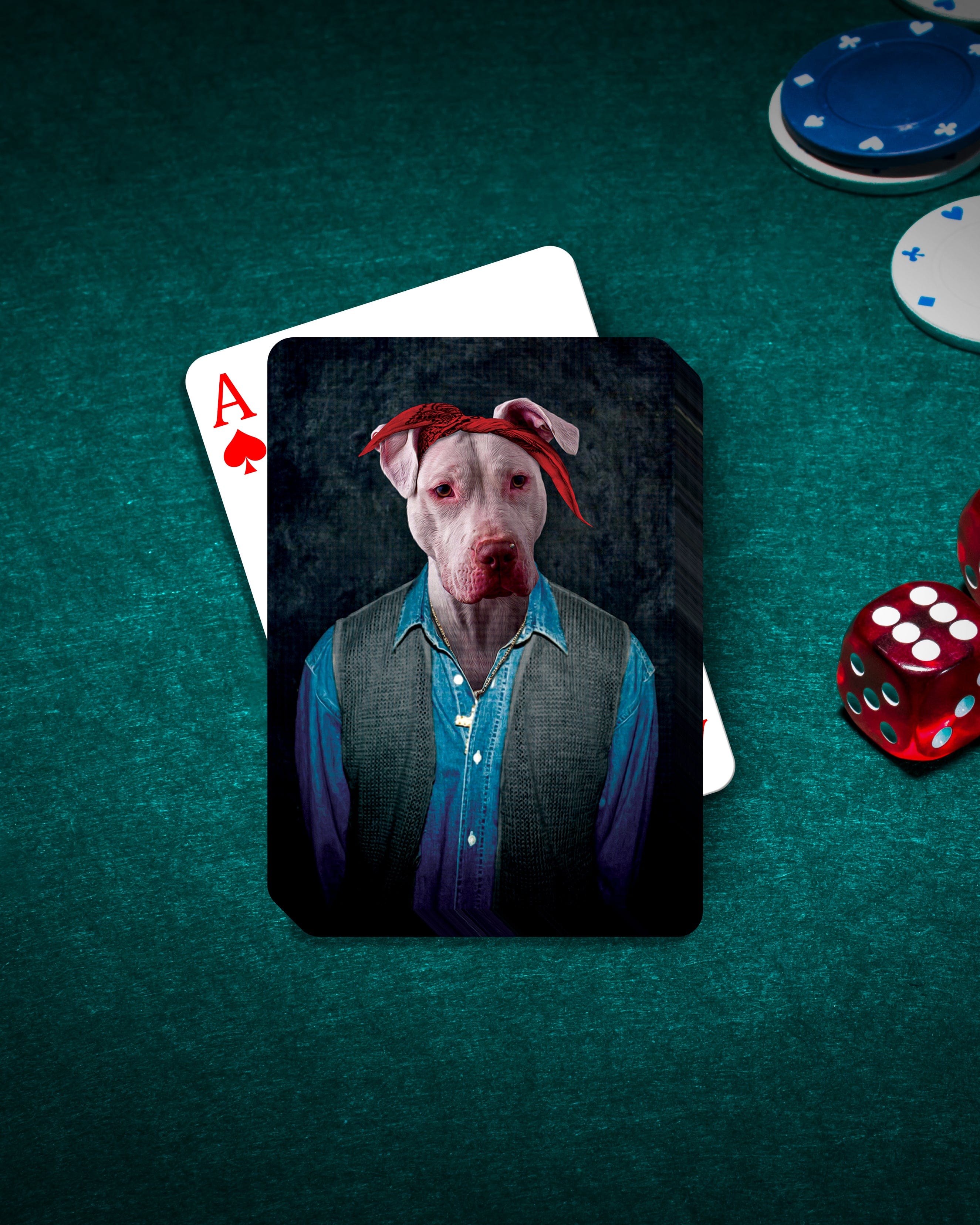 Personalized playing card featuring a dog in a red bandana and vest, on a green poker table.