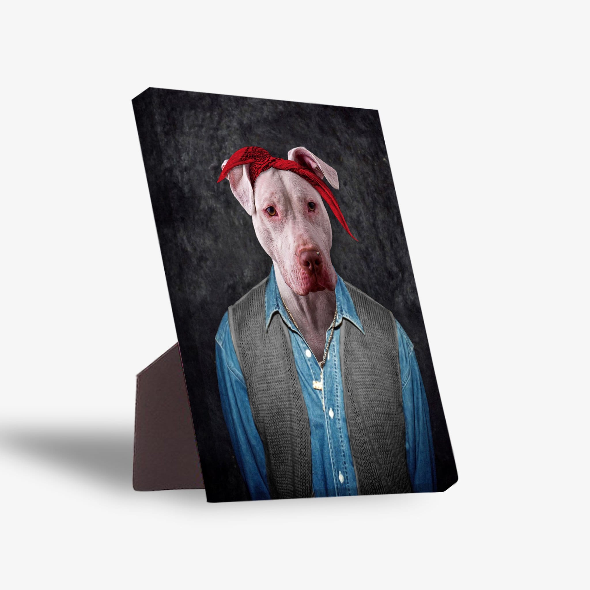Personalized 2Pac Dogkur pet standing canvas featuring a white dog in a red bandana, denim shirt, and gray vest.