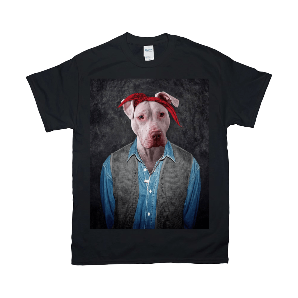 Black Gildan t-shirt featuring a personalized graphic of a pit bull wearing a red bandana, denim shirt, and grey vest.