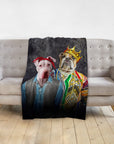 Personalized pet blanket with two dogs in renaissance-style portraits, one in a bandana, one with a crown.